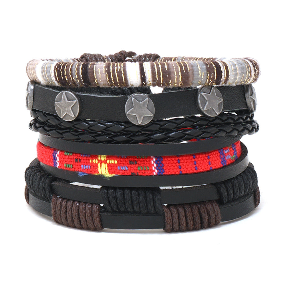 Wholesale Vintage Multilayer Alloy Wood Bead Leather Bracelet
